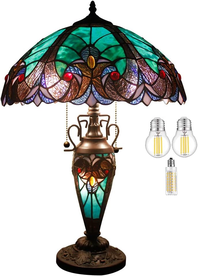 WERFACTORY Tiffany Style Table Lamp Green Stained Glass Liaison Mother-Daughter Vase Lamp 16X16X24 Inches Desk Reading Light Decor Bedroom Living Room Home Office S160G Series