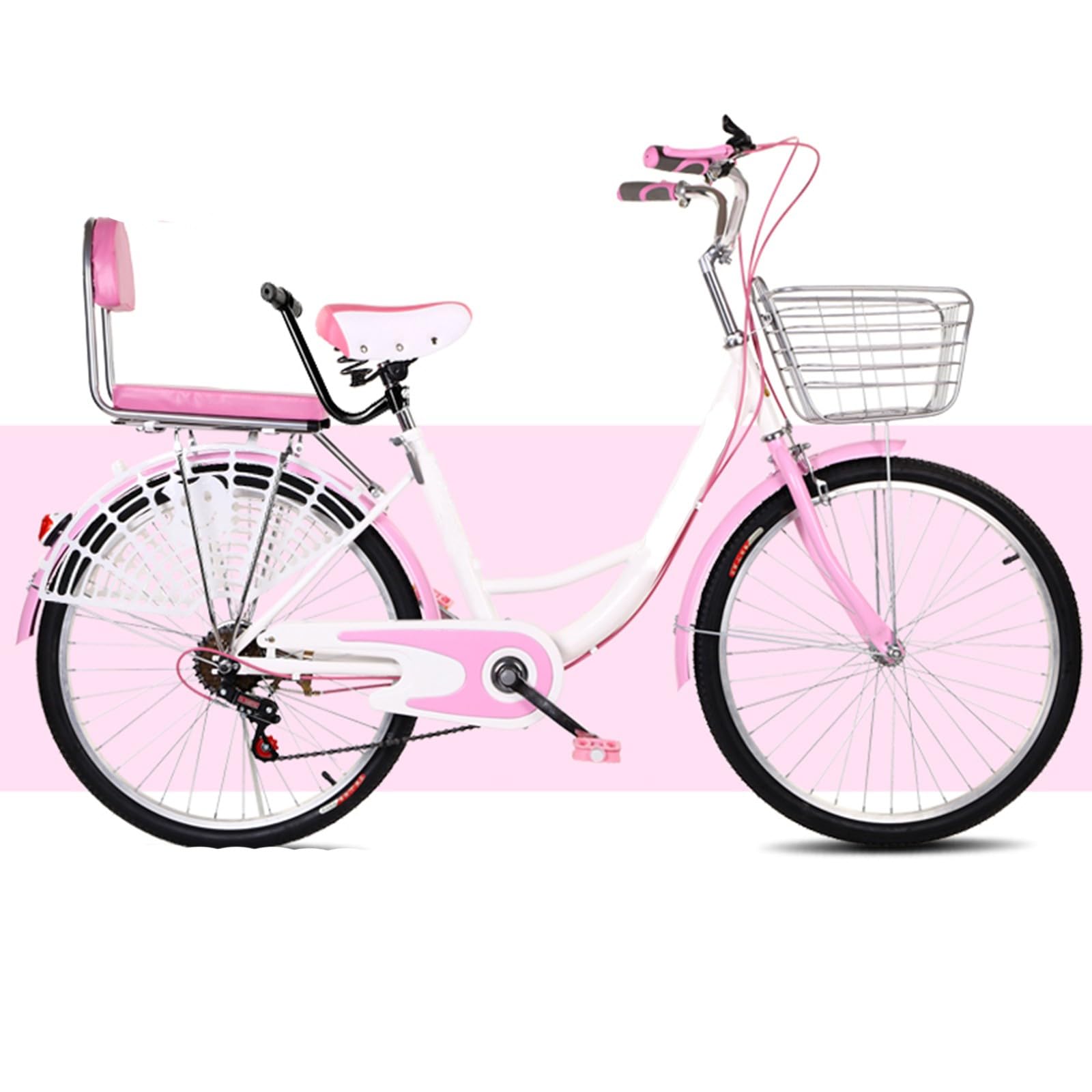 Women Cruiser Bike,Adult Beach Cruiser Bike Mens and Womens Lightweight Bikes with Basket,6-Speed Shifter,Thickened Back Seat Cushion,Suitable for Commuting,Socializing,Hiking,And Vacation.(Color:Pink