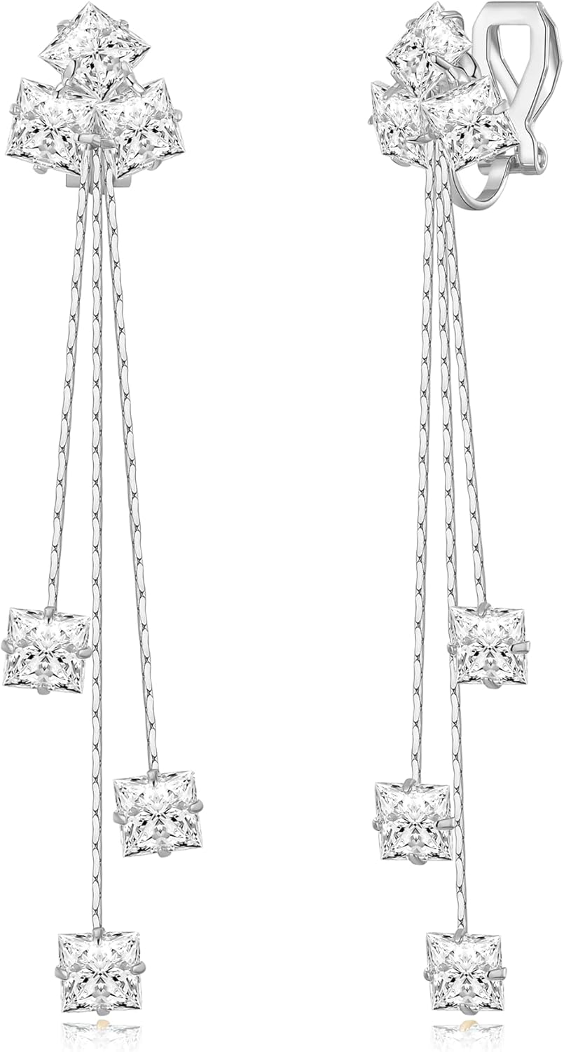 YOQUCOL Women Cubic Zirconia Crystal Long Drop Dangle Clip On Earrings For Not Pierced Women