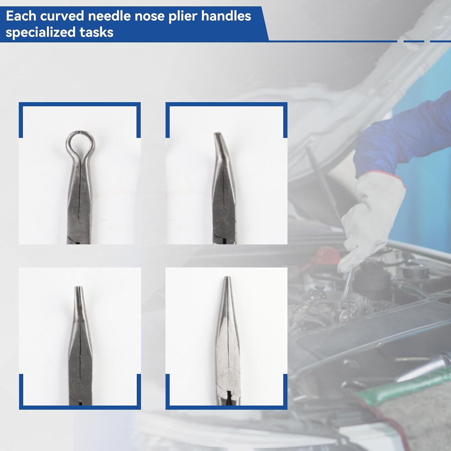 4 Pcs Long Needle Nose Pliers Set, 11" Extra Long Reach Pliers,Carbon Steel Straight, 45 Degree, 90 Degree Angle and Circle Pliers for Narrow Spaces, Hard to Reach Areas & Precision Work
