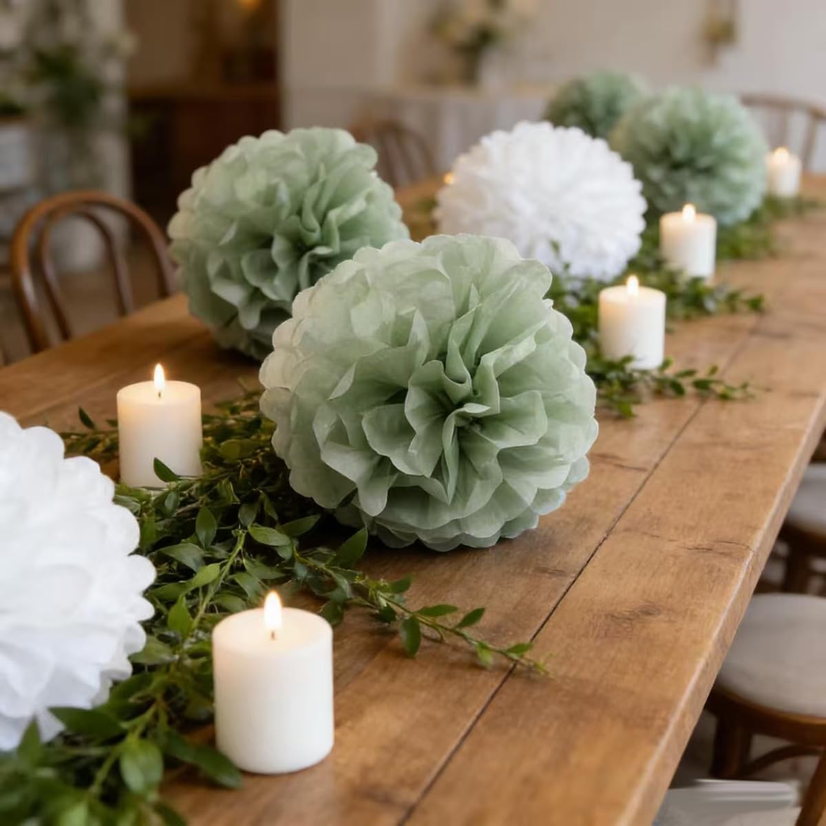 9PCS Sage Green and White Tissue Paper Pom Poms - 10" 12" Large Decorative Flower Balls - Boho Floral Decor for Baby Shower, Wedding Reception, Bridal Shower, Birthday, Nursery Wall