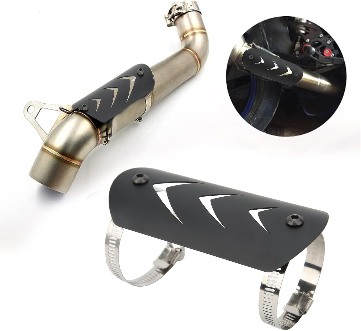 Exhaust Heat Shield Cover with 2 Stainless Steel Clamps & Screws, Universal Exhaust Muffler Pipe Protector Stainless Steel Replacement Heat Shield Cover Motorcycle Metal Exhaust Heat(Black)