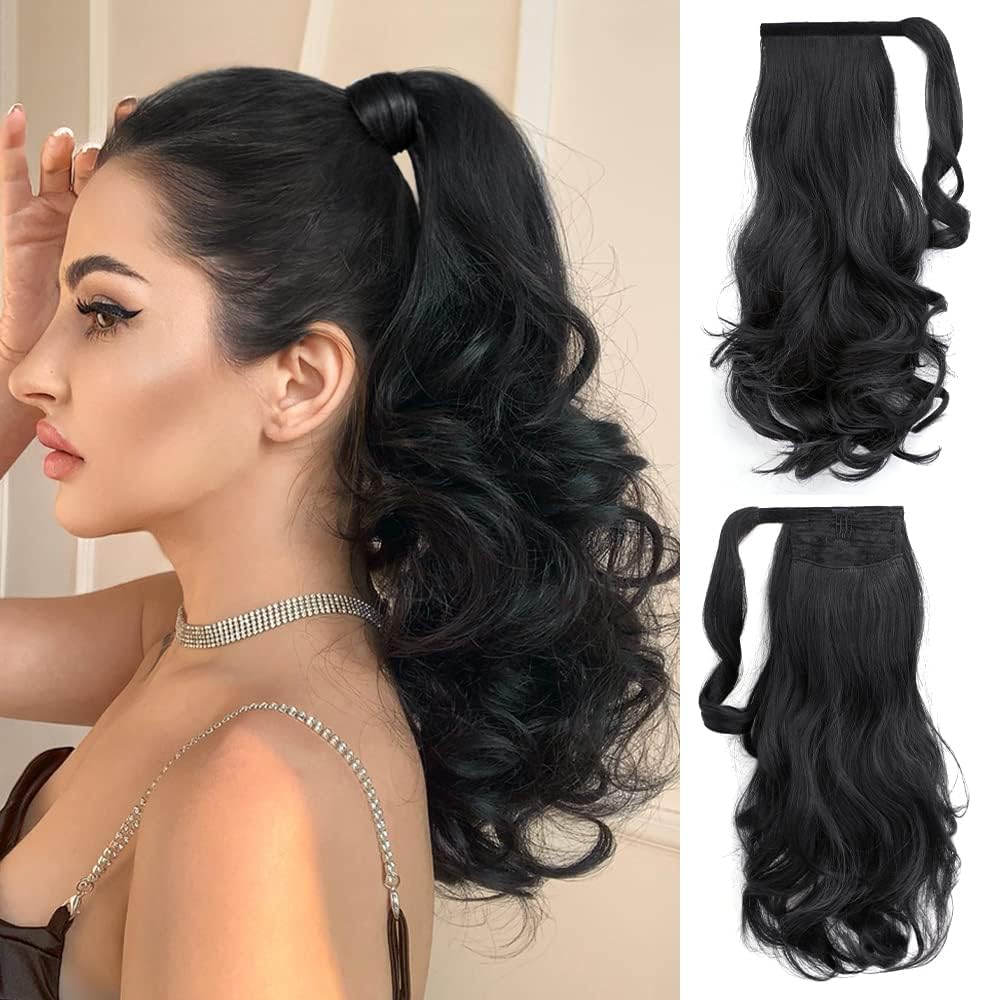 Miss Lirenn® Wrap Around Wavy Curly Ponytail Hair Extension, Black, Heat Resistant Synthetic Fiber, 46 cm Length, 100 Grams (Black)