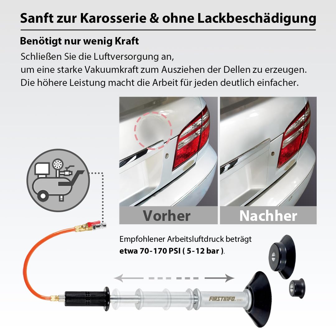 FIRSTINFO Pneumatischer Dellenzieher Set mit Gleithammer 3 Saugnäpfen und 20 Klebeadaptern Druckluft Ausbeulwerkzeug für lackfreie Auto Dellenreparatur, A1501EUY1