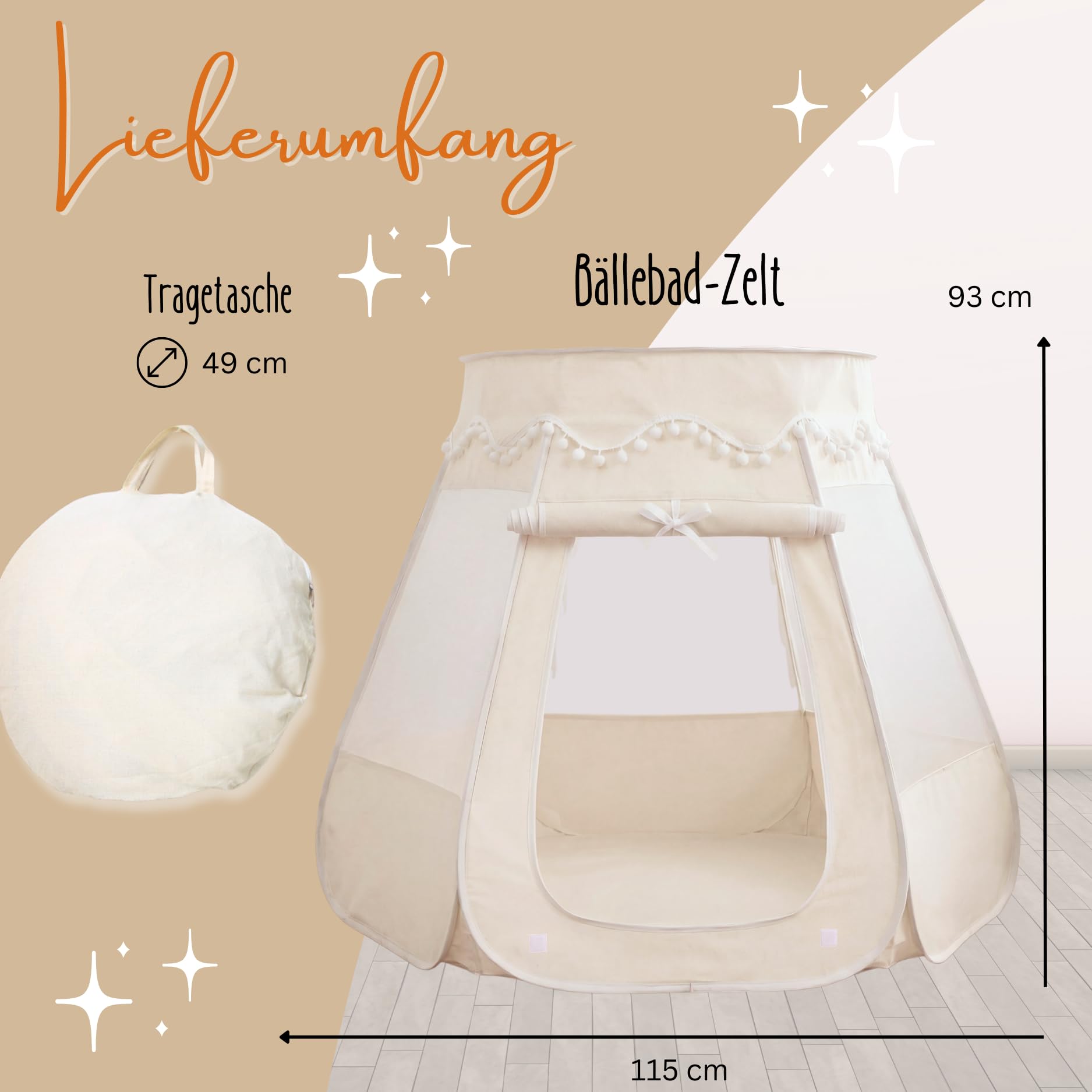 LIONHERZ® DAS ORIGINAL 2in1 Bällebad-Spielzelt für Kinder aus Baumwolle/Hanf [115x93cm] Pop-up Kinderzelt [faltbar & atmungsaktiv] Baby Ballzelt & Spielhaus Indoor | Jungen & Mädchen (Cremeweiß)