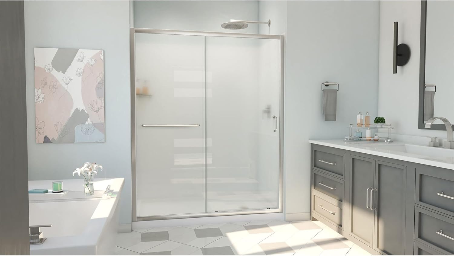 DreamLine Infinity-Z 36 inch D x 60 inch W x 78 3/4 inch H Semi-Frameless Sliding Shower Door in Brushed Nickel and Frosted Glass, Right Drain Shower Base, and Wall Kit in White