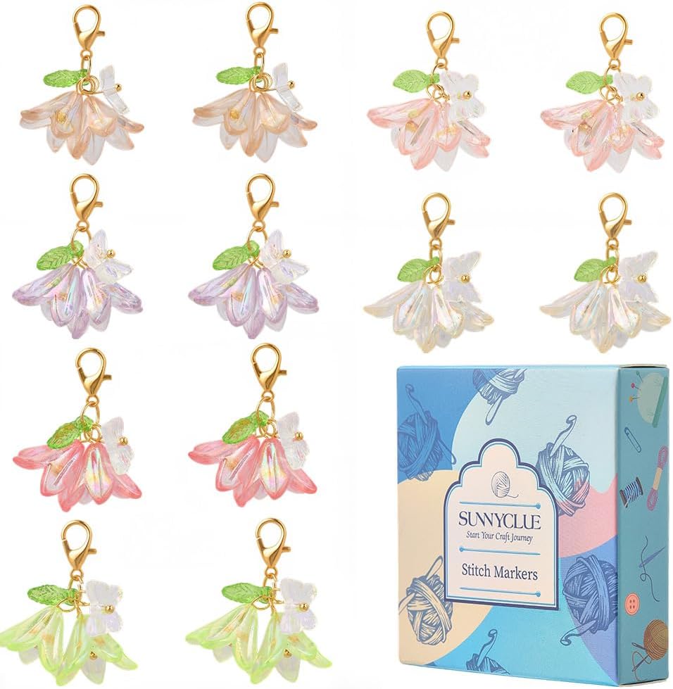SUNNYCLUE 1 Box 30Pcs Flower Stitch Marker Knitting Markers Charms Bulk Acrylic Pink White Spring Lily Butterfly Clasps Hooks Crochet Charms for Jewelry Making Crafts Weaving Sewing Supplies Beginner