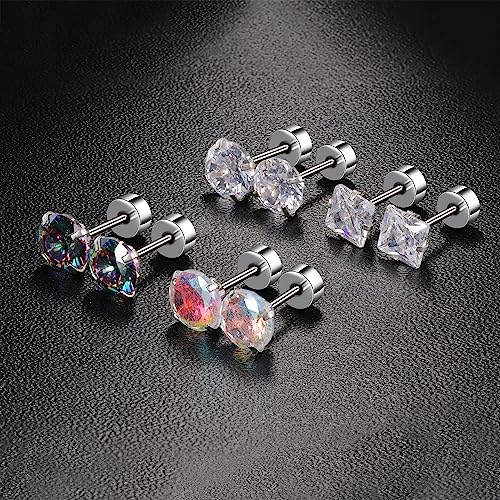 Pack Of Titanium Screw Back Pack Of Earrings Aurora Borealis Square Cubic Zirconia Studs For Women Men 20G Helix 316L Surgical Stainless Steel Hypoallergenic For Sensitive Ears Simulated Diamond Rainbow #TOP3