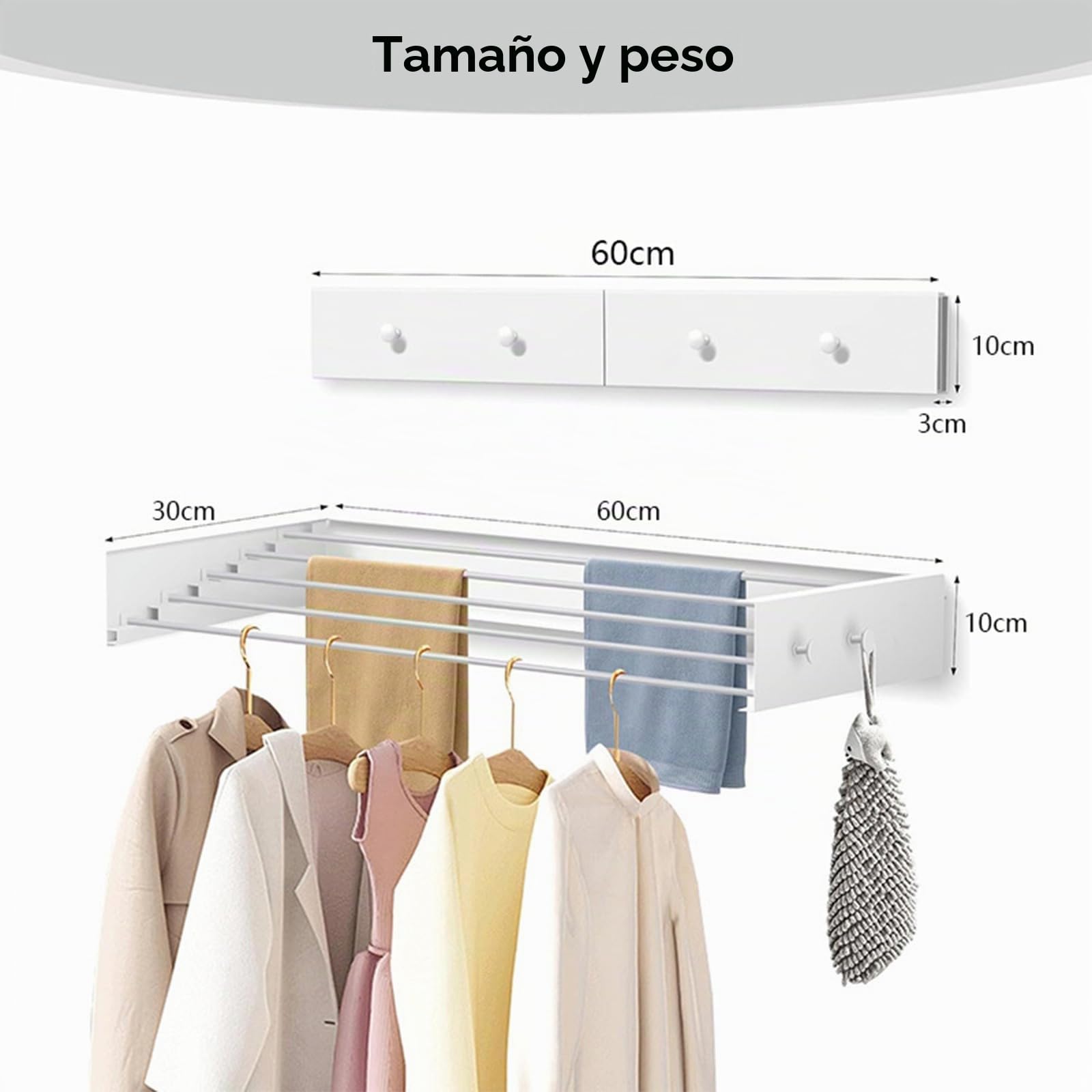Tendedero plegable para montaje en pared, soporta hasta 25 kg, ahorra espacio, ideal para baño, balcón y apartamentos pequeños, fácil instalación (5 varillas de secado de 60 cm)