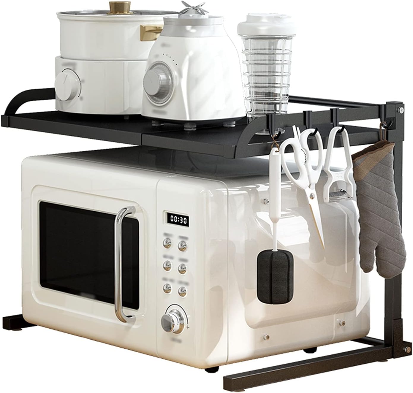 Amazon｜キッチン収納ラック 拡張可能な電子レンジオーブンラック水平延長電子レンジシェルフキッチンカウンタートップシェルフ、4フック