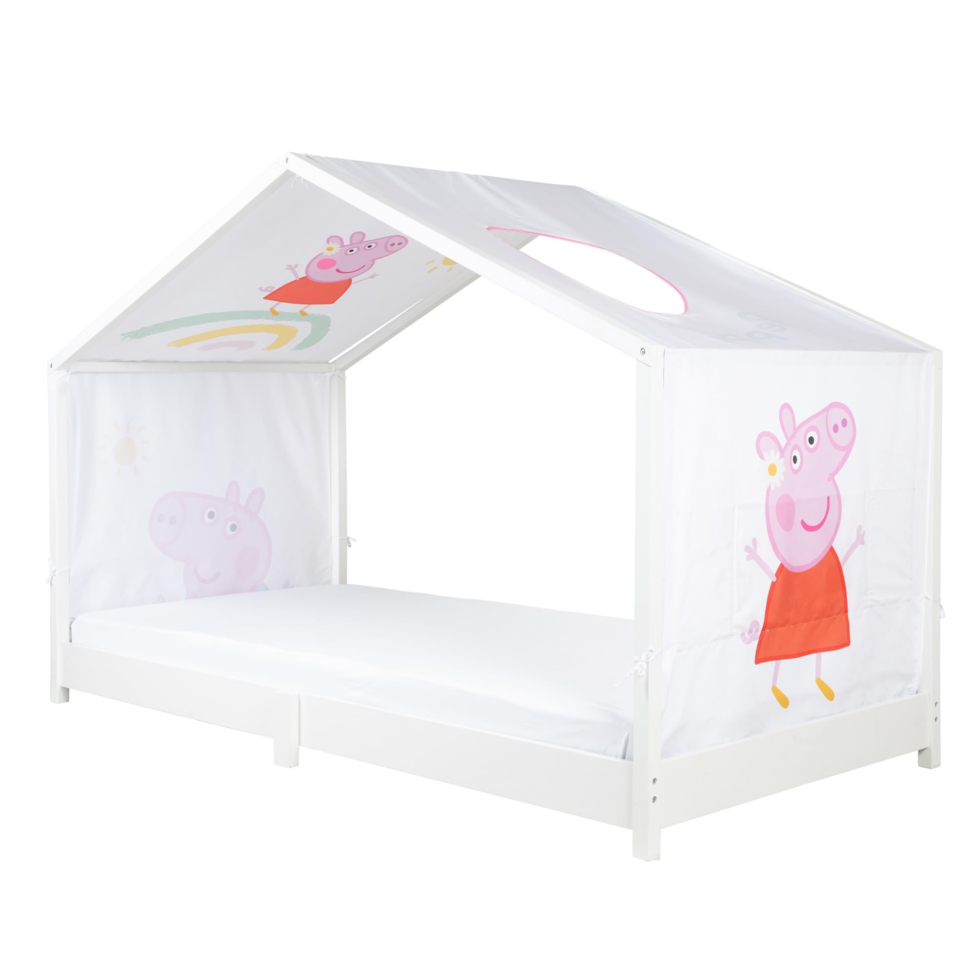 Funda roba para camas Montessori tipo casita 90 x 200 cm con diseño Peppa Pig - Accesorio para convertirla en cama con dosel - Incluye 3 bolsillos y ventana en el techo