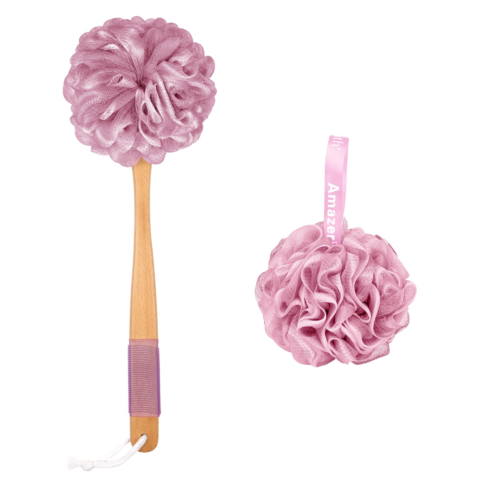 AmazerBath Esponja de ducha de lufa para espalda, esponja de esponja de polietileno de malla suave para cuerpo con mango largo de madera, esponja de baño para hombres y mujeres (rosa)