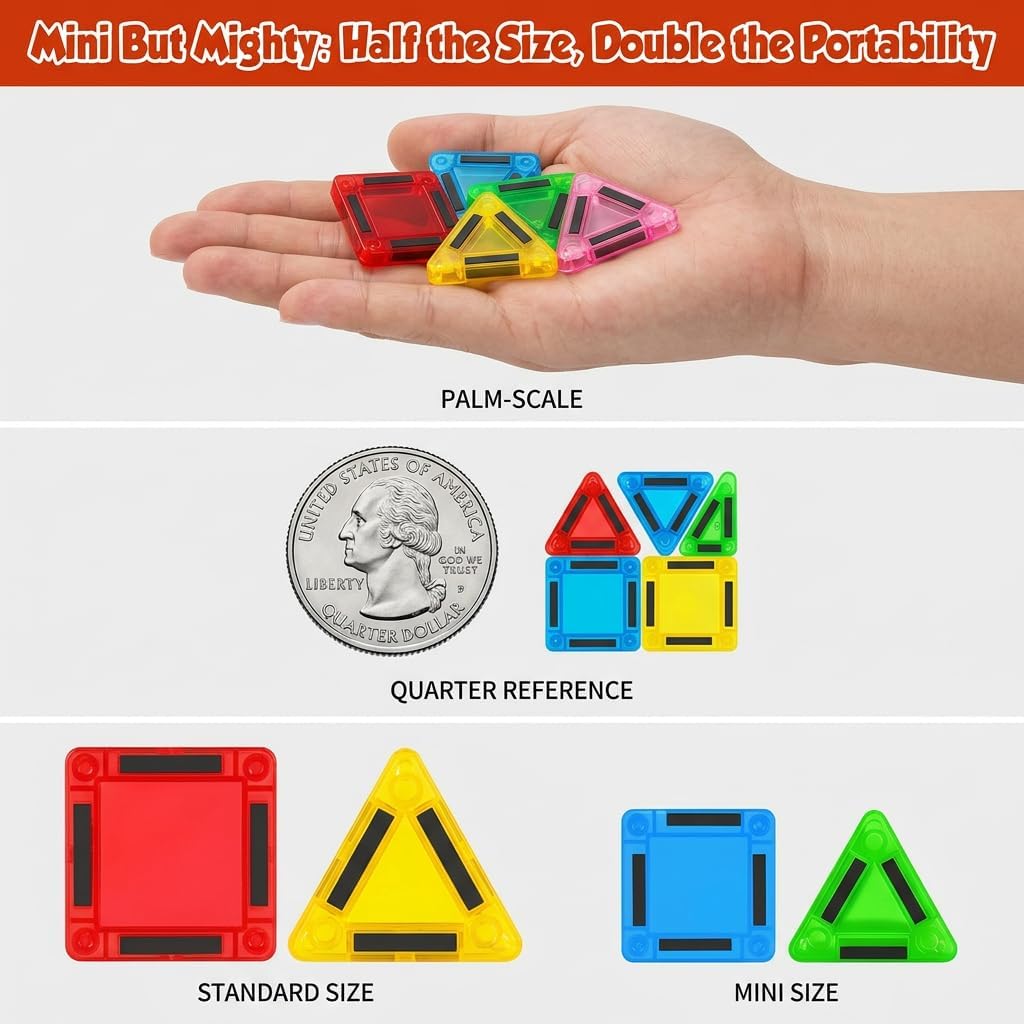 56Pcs Mini Magnet Building Blocks, STEM Educational Construction Toys for Boys Girls Age 3 4 5 6, Toddler Magnetic Tiles for Travel & Airplane Activities, Montessori Sensory Learning Toys Gift Set