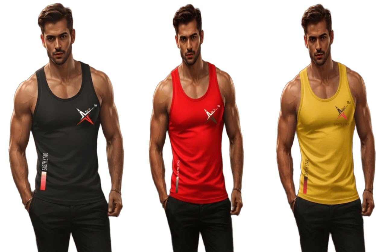 Men's Cotton Tank Top | Gym Vest for Man Graphic Logo Print Design for Workout | Sports Sleeveless | Sando | Round Neck | Men Sleeveless Gym Vest-(Pack of 3)-image-9