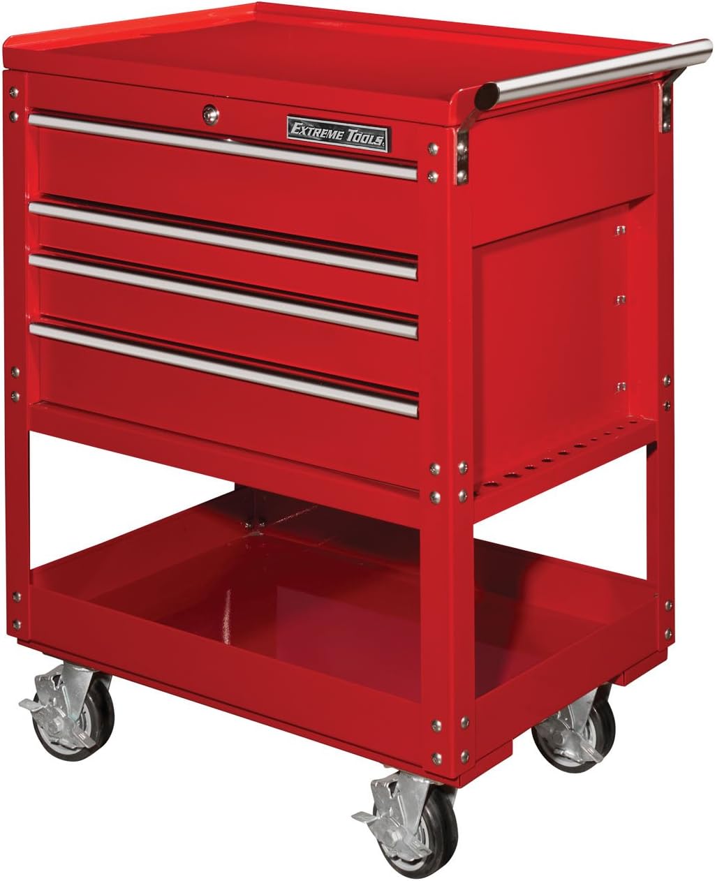 Extreme Tools EX3204TCRD 4-Drawer Deluxe Tool Cart with Pry Bar Holders and Ball Bearing Slides, 32-Inch, Red High Gloss Powder Coat