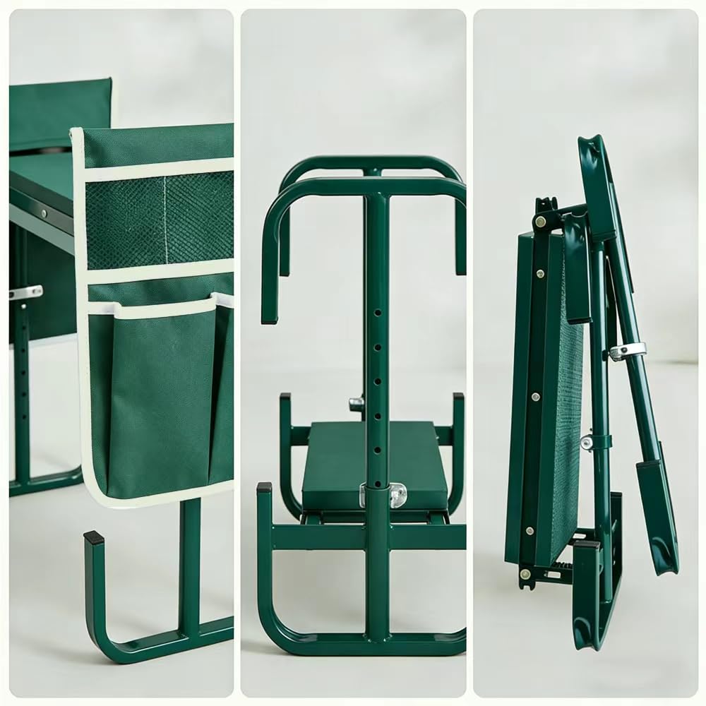 Tabouret de jardin pliable - Hauteur réglable - 60 x 52 x 27 cm - Repose-genoux avec aide au lever - Sac à outils - Tapis en mousse EVA - Pour jardinage, pêche, camping