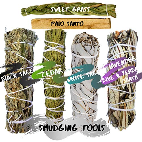 Smudging Kit - SAGE VARIETY 8 Gifts, Sage Incense Sticks Sampler Smudge Kit: Lavender, Blue Sage, Yerba Santa Mix, White & Black Sage, Cedar, Sweet Grass,Palo Santo, Healing Crystal: BONUS Storage Bag - Thumbnail 4