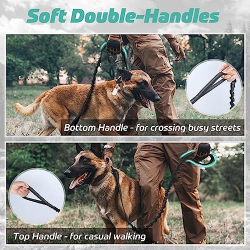rabbitgoo Starke Bungee Hundeleine mit 2 Gepolsterten Griff und Metallhaken, Taktische Sicherheit Hundeführleine für Große/Mittlere Hunde,Elastische Ruckdämpfer Führleine, Schwarz 114-158cm