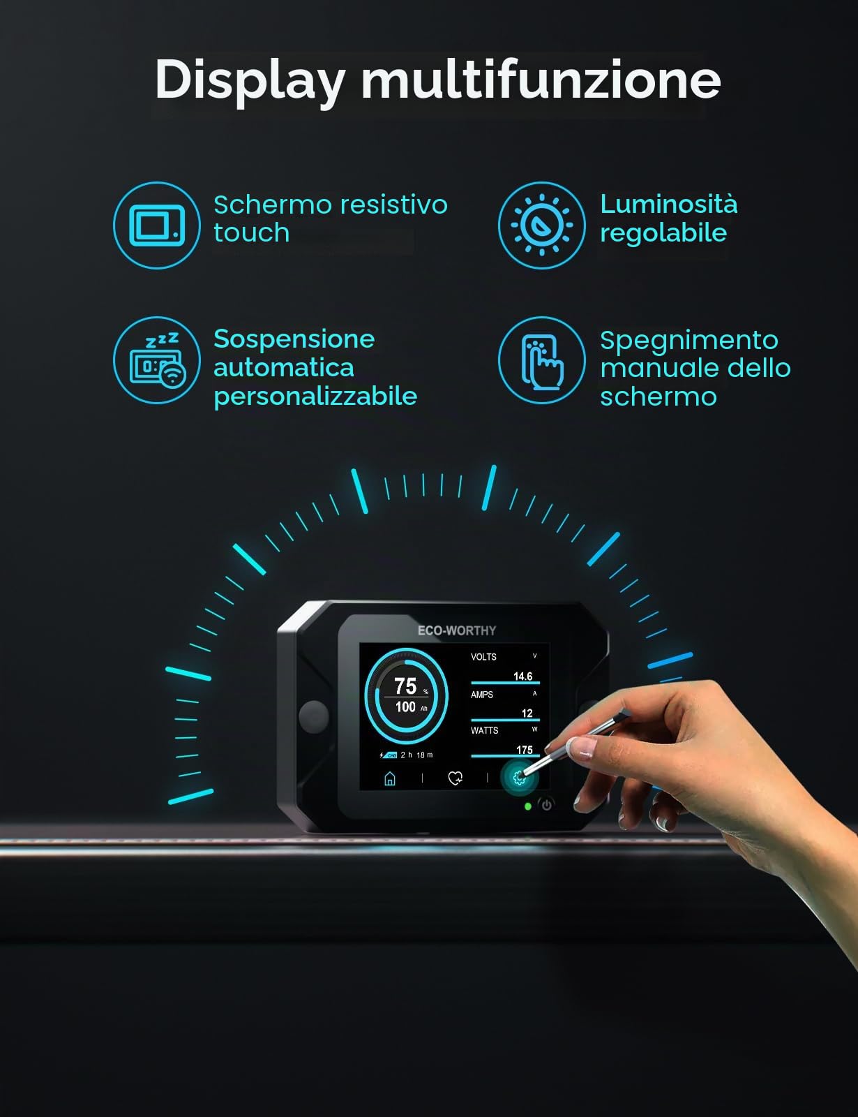 ECO-WORTHY Monitor della batteria 300 A 12V/24V/36V/48V display touchable allarme 9-80V LiFePO4 gel camper impianti solari