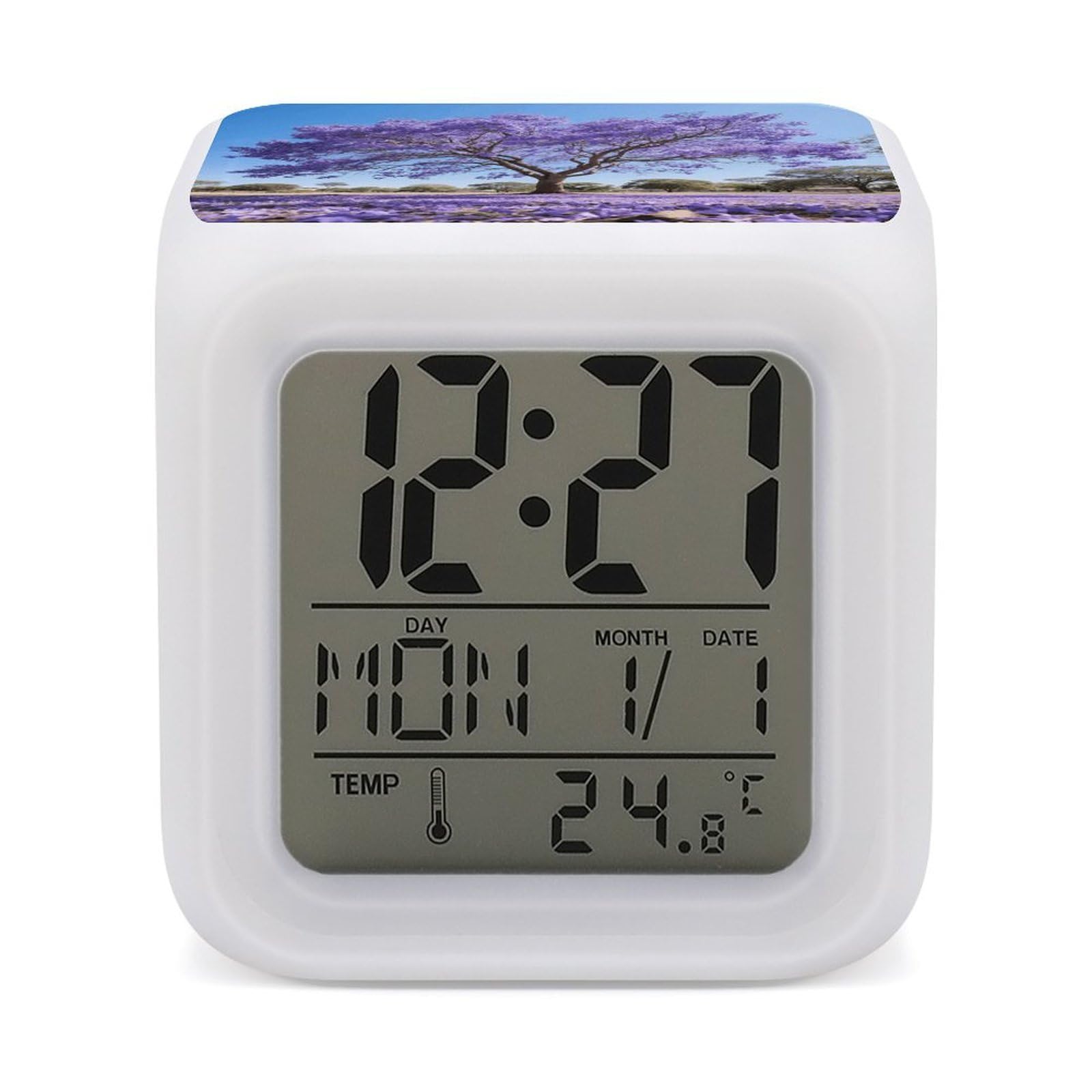 FodPand 7 Color Ambient Night Light Cube Battery Operated Jacaranda Digital Clock with Snooze Temperature LED Digital Alarm Clocks Dimmable Wake Up Light Portable Mood Lamp for Bedroom Desk Gift