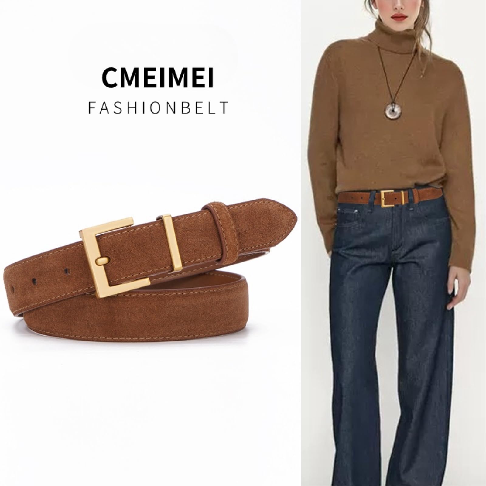 Ceinture Élégante En Daim, Adaptée Aux Robes Denim Décontractées Pour Femmes, À Boucle Alliage Carré