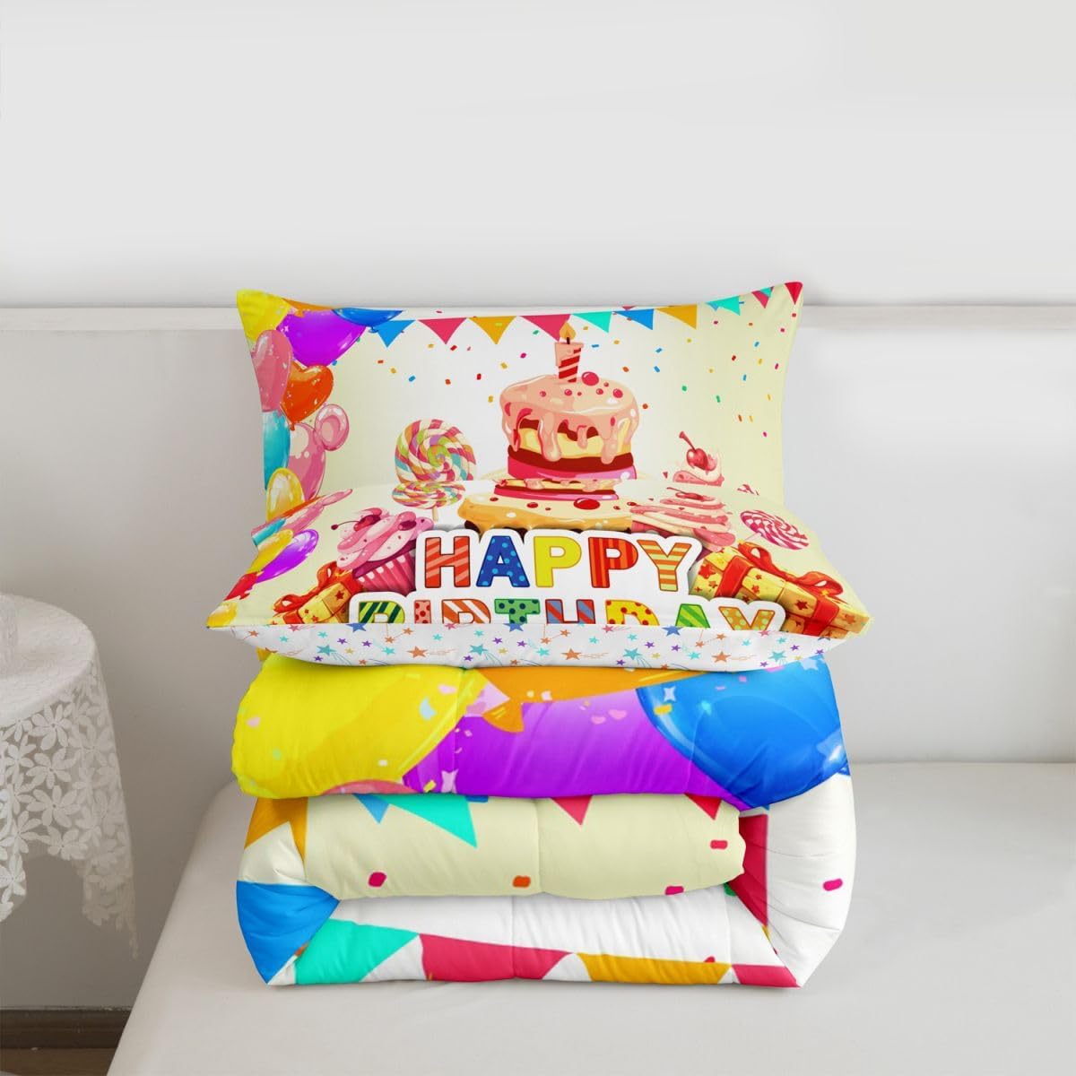 jejeloiu Happy Birthday Theme Comforter Set for Girls Boys Kids Twin Size Balloon Print Comforter Room Decorative Cake Colorful Bedding Set White Duvet Set 2Pcs Quilt Set