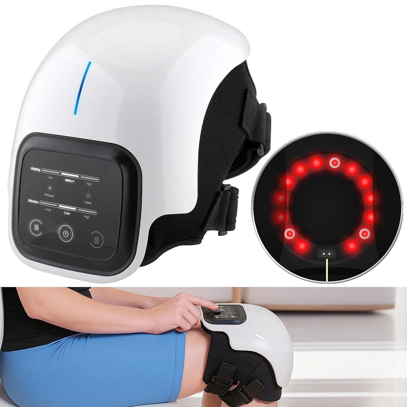 Newgen Medicals Kniemassage: Akku-Knie-Massagegerät mit Infrarot-Tiefenwärme, LED-Touchscreen (Akku Kniemassagegerät, Knie-Massage-Geräte, Laser)