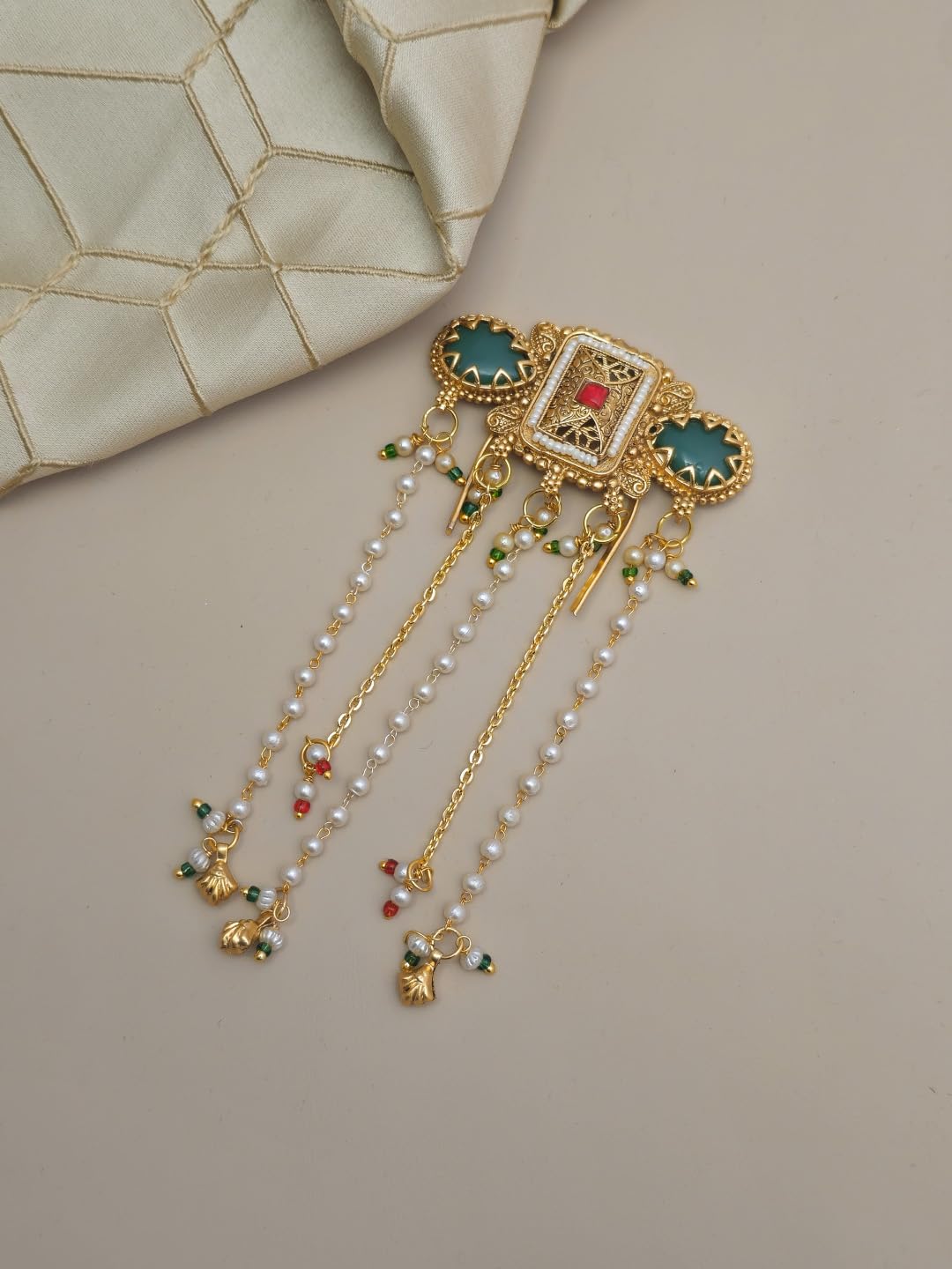 Traditional Gold Tone Hair Pin, Teal Green Stone, Pearl Beads, Ornate Design, Ethnic Bridal Accessory, Kunad hair accessories for women-image-30
