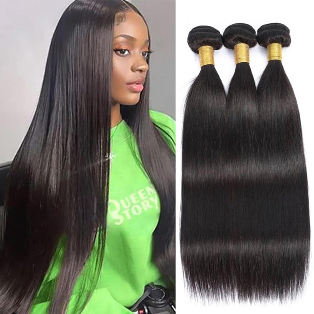 MsSunlight 12A Human Hair Bundles Straight Human Hair Bundles Weave Extensions Unprocessed Virgin Brazilian Hair Bundles Weft 3 Bundles Natural Color (Natural Black