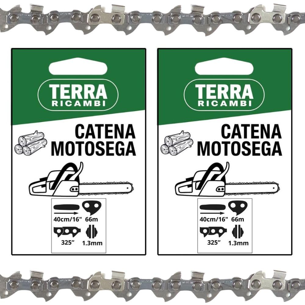Set 2 Catene Motosega 325” 1.3mm – 66 Maglie per Barra 40cm/16" – Basso Contraccolpo, Alta Durata – Qualità Tedesca Terra Ricambi – Per Uso Agricolo, Forestale e Fai da te.