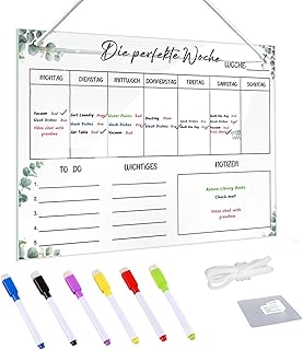 Wochenplaner Abwischbar, Wochenplaner Magnetisch Acryl, Essensplaner Woche, 30x20cm, Familienplaner, Planungstafeln Whiteboard mit 6 Wischmarker, 1 Haken, Weiße Schnur, Wochenkalender Planungstafel