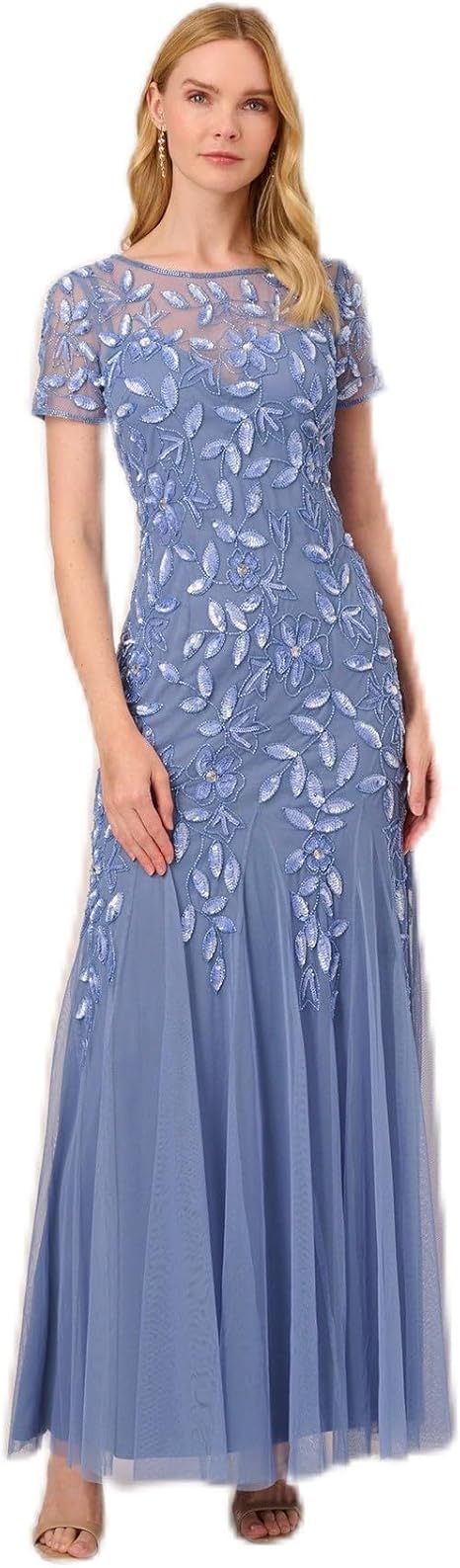 Adrianna Papell womens Short-sleeve Floral Beaded Godet Gown