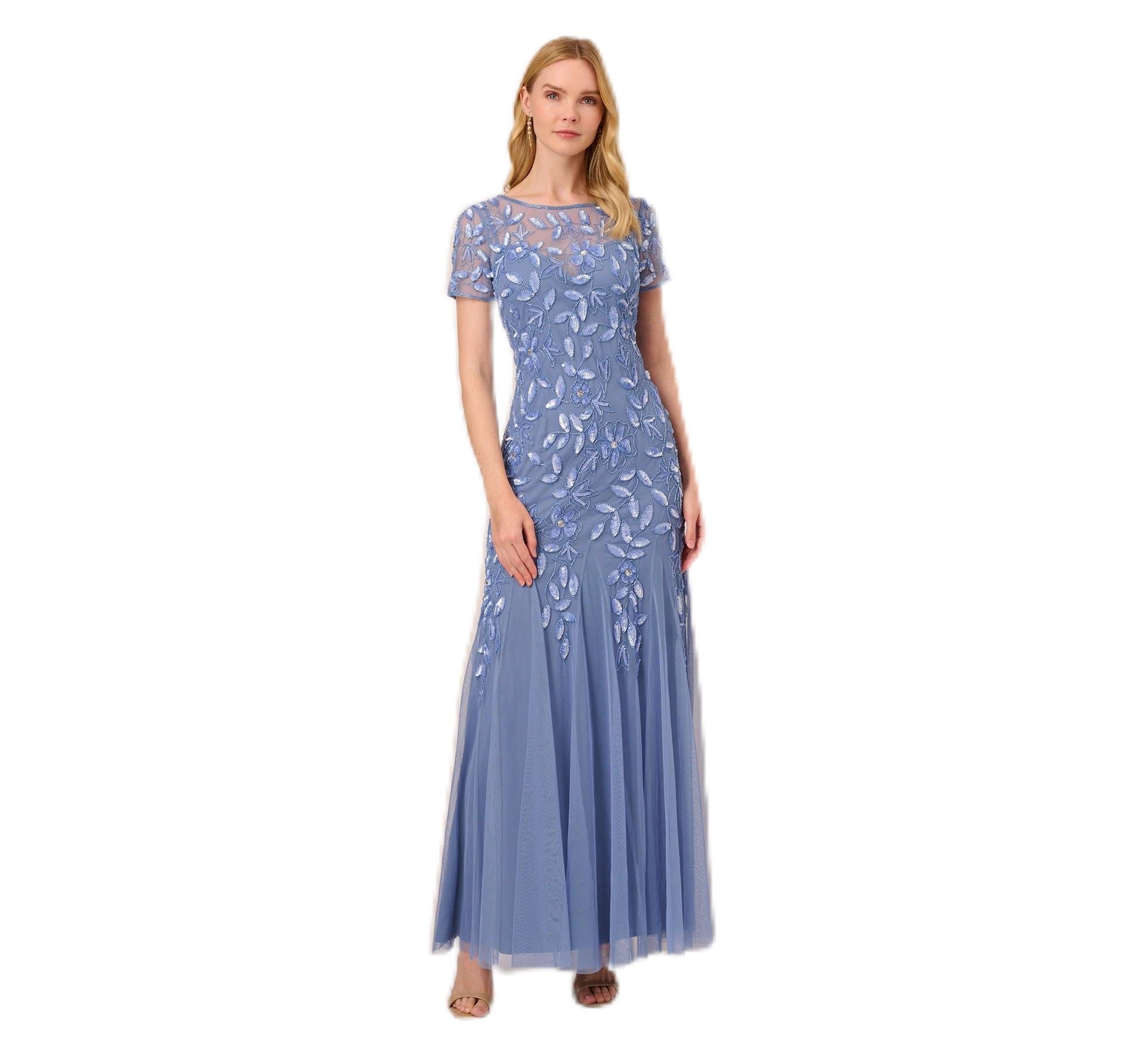 Adrianna Papell Womens Short-Sleeve Floral Beaded Godet Gown, French Blue,  10 : Amazon.co.uk: Fashion