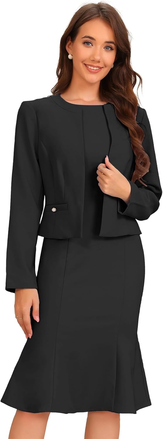 Allegra K 2 Piece Suit Dress Set for Women's Business Sleeveless Dress and Crop Blazer