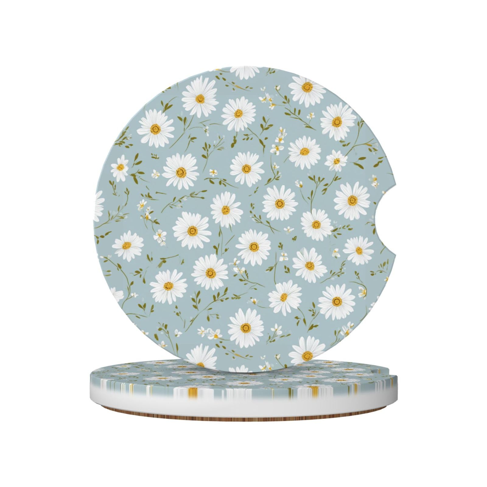 White Daisies Yellow Centers On Soft Pastel Blue Ceramic Coasters,2pcs