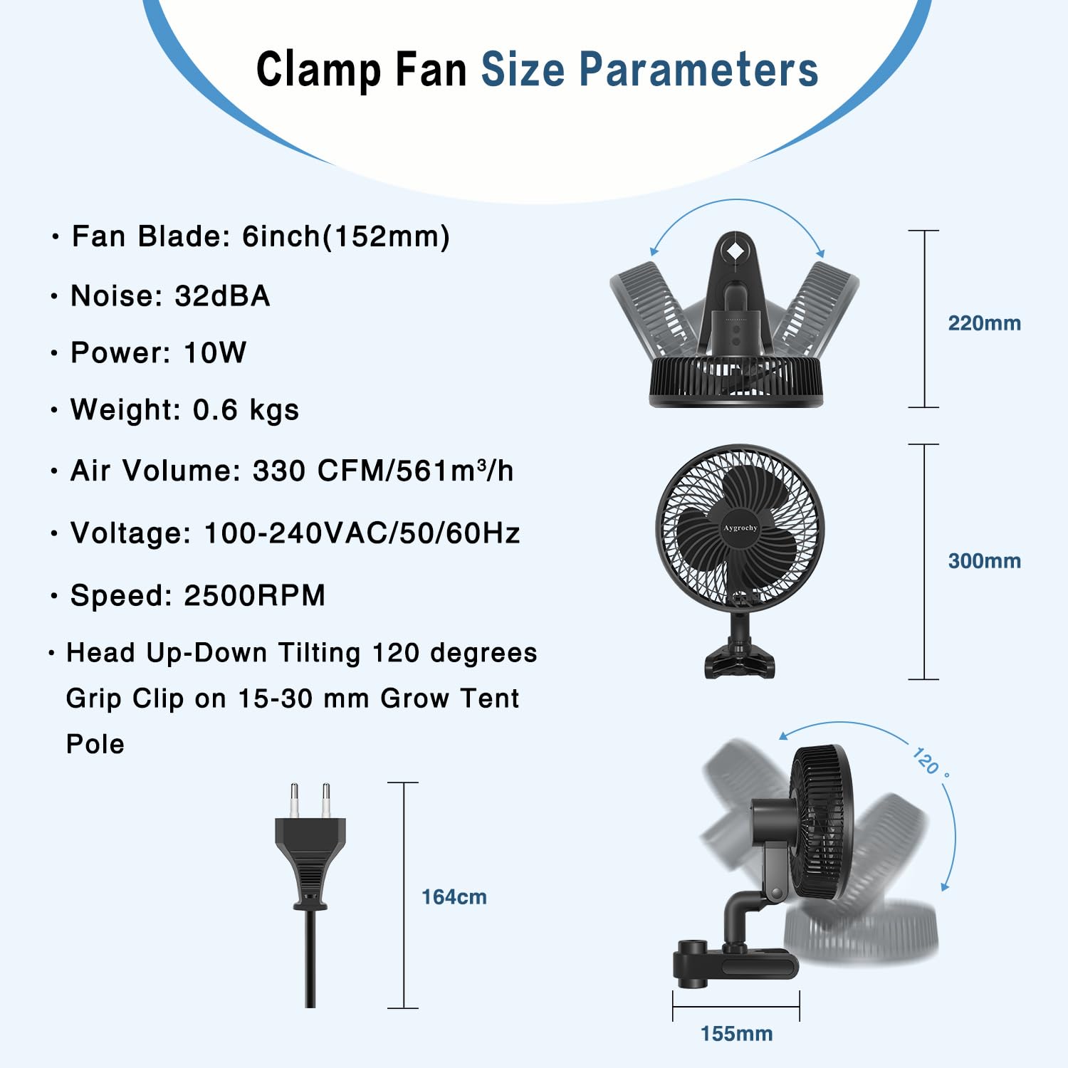 Aygrochy Grow Ventilateur, 10 vitesses, Moteur EC, IP-44, Protection oscillante, Ventilateur à Clip pour Rideau 10 W, Clip Fan Grow Tent