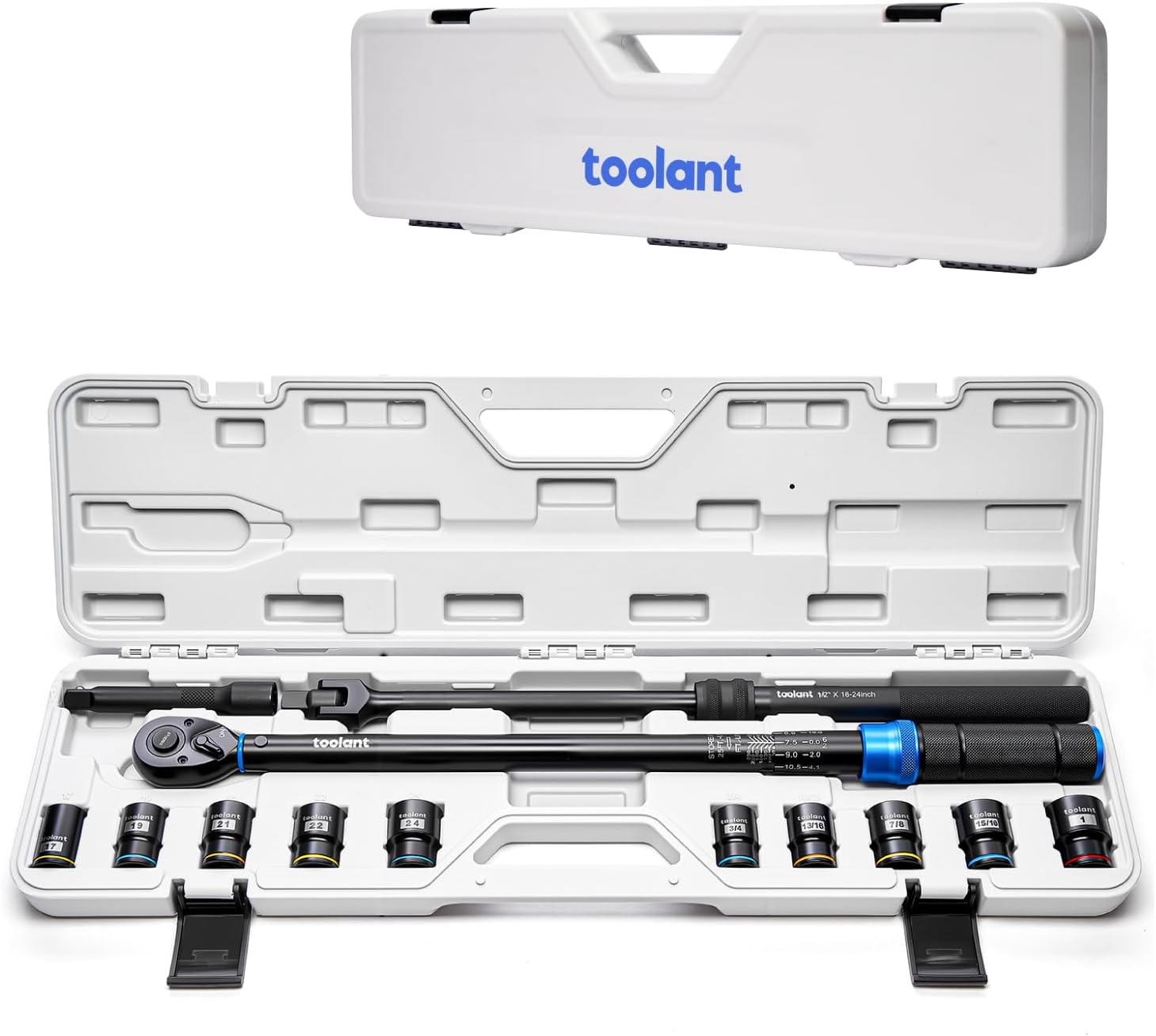 toolant 13PCS 1/2 Inch Click Torque Wrench Set, Gift for Men, 25-250 FT.-LB/33.9-339.0 Nm, With Breaker Bar & 5-Inch-Extension & 10 Sockets, Tire Repair Tool Set