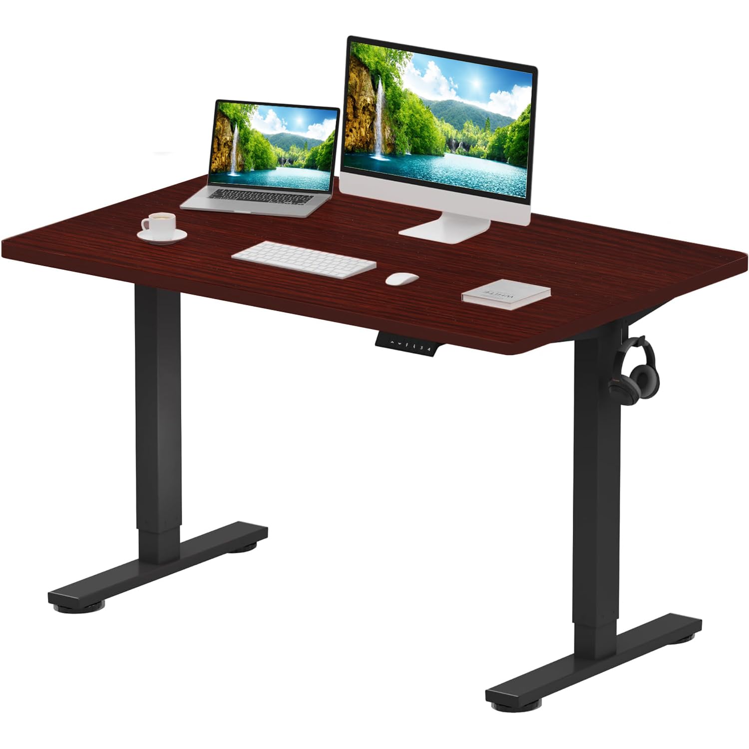 FlexiSpot Electric Height Adjustable Standing Desk with Spacious 120×75 cm Desktop, Sturdy Steel Frame Sit-Stand Workstation for Home and Office - MIH Mahogany