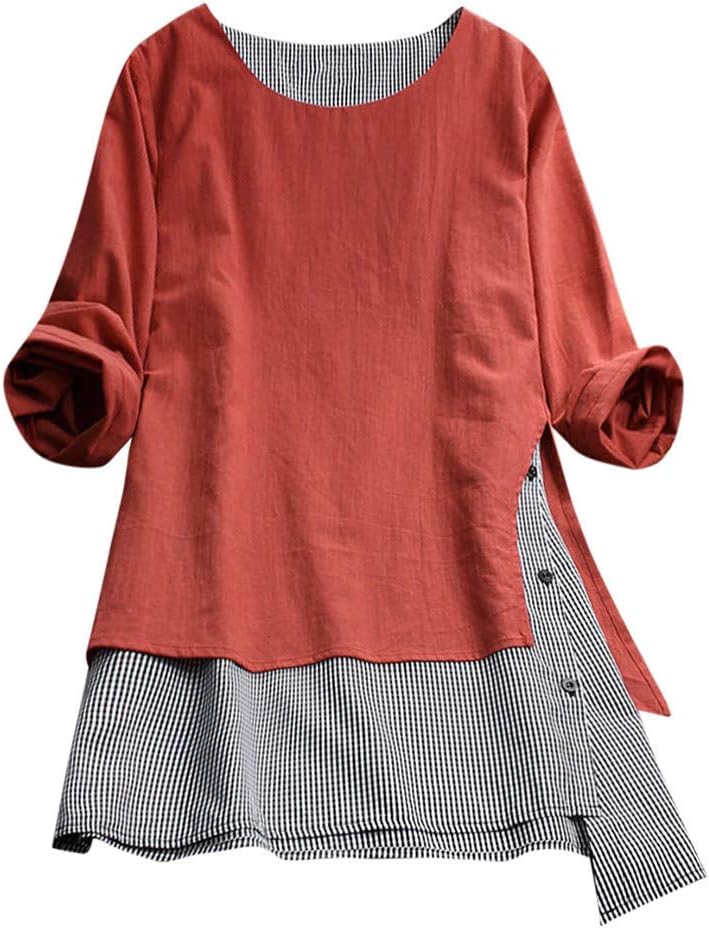 HOMEBABY Plus Size Womens Cotton Linen Long Sleeve Tunic Top Ladies Boho Splice Loose Classic Spring Winter Baggy Blouse Fashion Sweatshirt T-Shirt