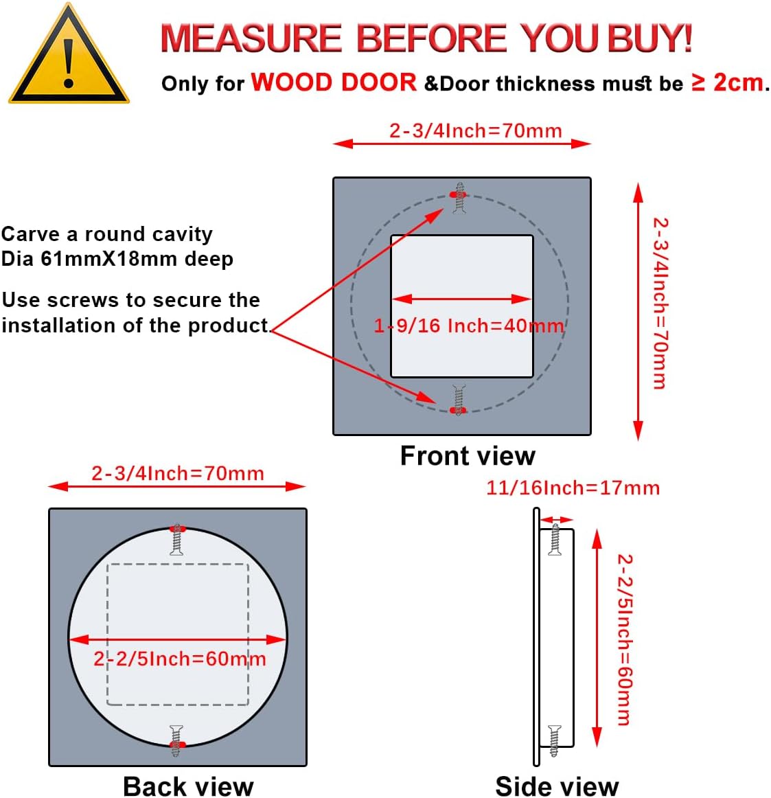 HOMOTEK 4 Pack 2-3/4 Inch Square Recessed Sliding Closet Door Finger Pulls, Diameter 2-3/8 Inch(60mm) Stainless Steel Flush Handles for Pocket Door, Bypass Barn Drawer Pulls(Black)