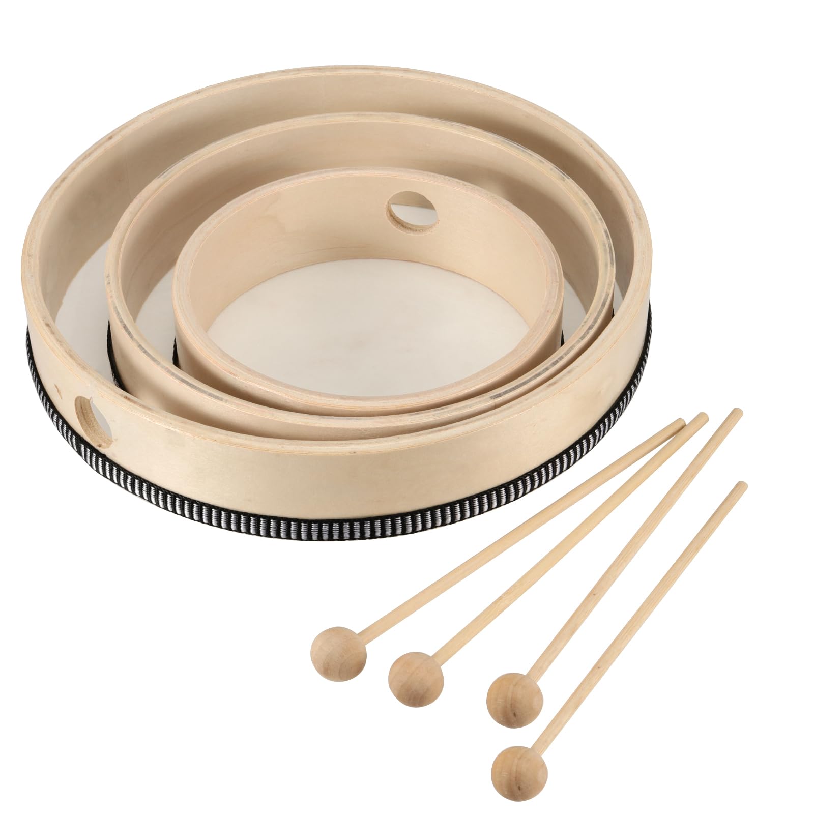 Confezione da 4 tamburi a mano, 4 misure con 4 bacchette per apprendimento del ritmo, spettacoli musicali, feste e appassionati di percussioni, 15,2 cm, 17,8 cm, 20,3 cm, 25,4 cm