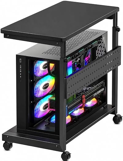 Large Height Adjustable Computer Tower Stand for Gaming & Office, 23-33.8 Inches Tall, W13.8 x L25.2 Inch Desk, PC Stand with Mobile Wheels & Mouse Pad, Desktop Computer Stand for Floor, Black
