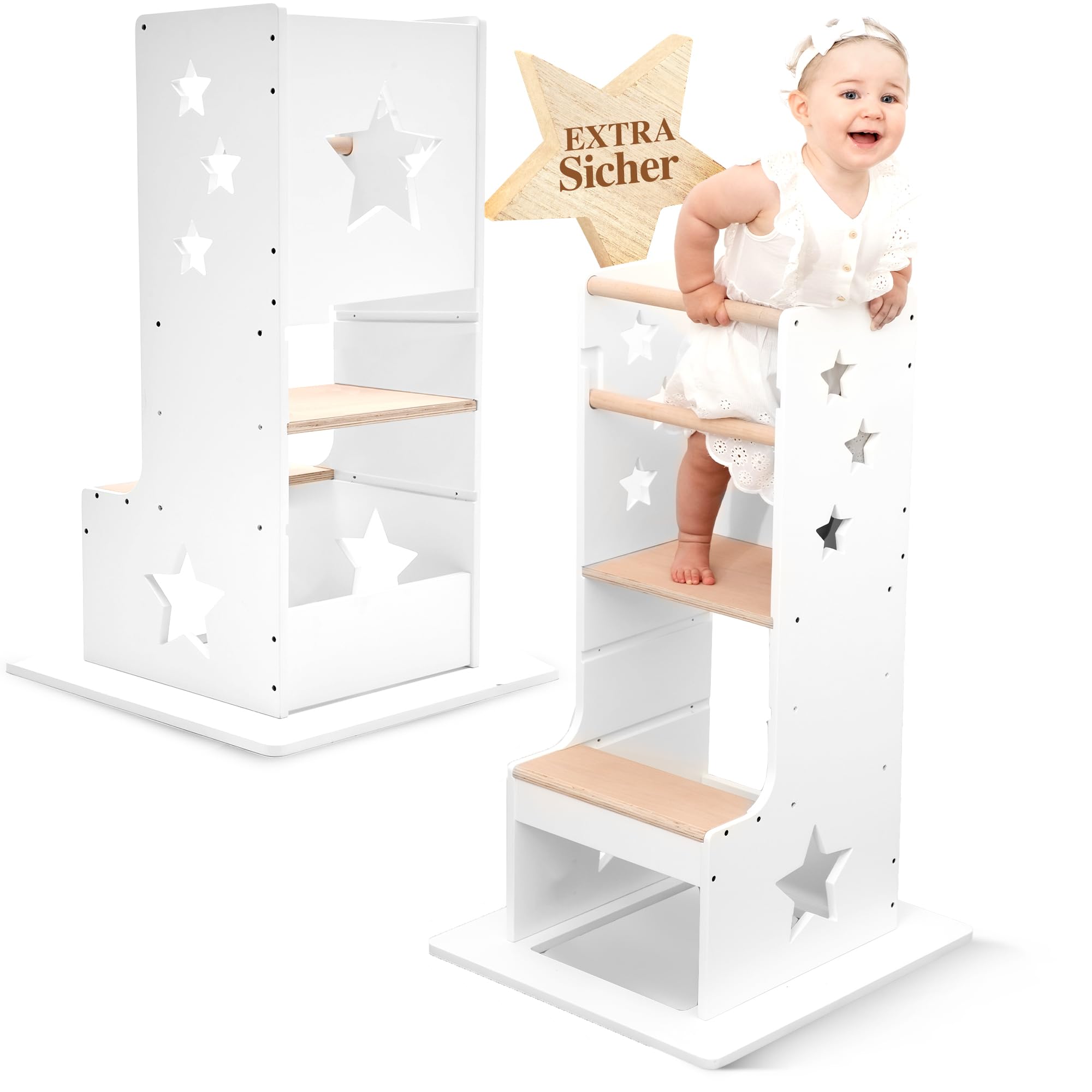 Kids Woody Star® Lernturm ab 1 Jahr [360° KIPPSCHUTZ] Höhenverstellbar Learning Tower Lernturm Montessori | Tritthocker Kinder | Schemel Lernstuhl Lerntower | Holz/Weiß