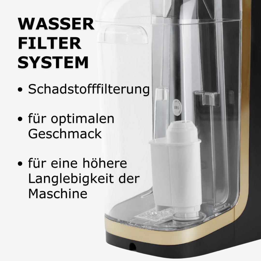 BRU Tee Automat für losen Tee & Kräuter & Teebeutel, OHNE Kapseln, Heißwasserspender & Teemaschine in einem, Tee & filtriertes Wasser auf Knopfdruck, automatisches Reinigungssystem (Schwarz/Chrome)