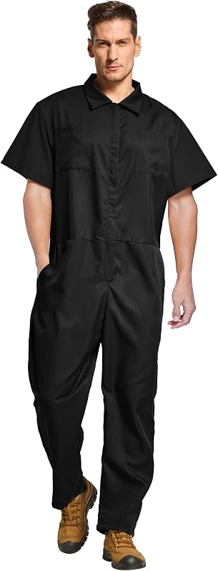 VOGRYE Mens Lightweight Work Coverall Short Sleeve Zipper 4 Pockets S XXL | full zip front elastic waist adjustable suspenders poly cotton blend machine wash breathable navy black