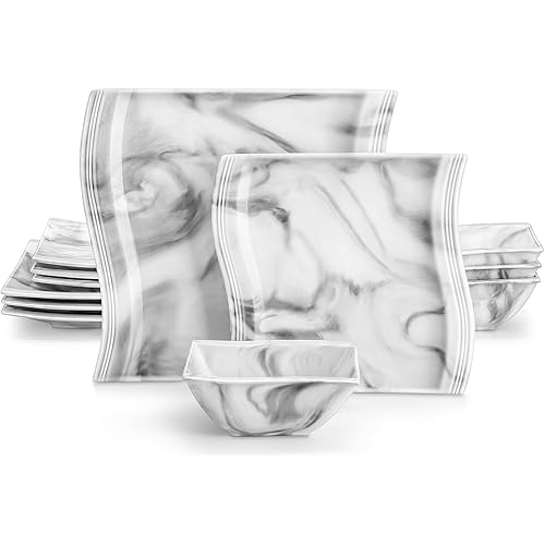 MALACASA Plates and Bowls Sets, 12 Pieces Modern Porcelain Dinnerware Sets for 4, Marble Dishware Set Kitchen Dining Ware Set, Square Ceramic Dish Set, Microwave and Dishwasher Safe, Series Flora
