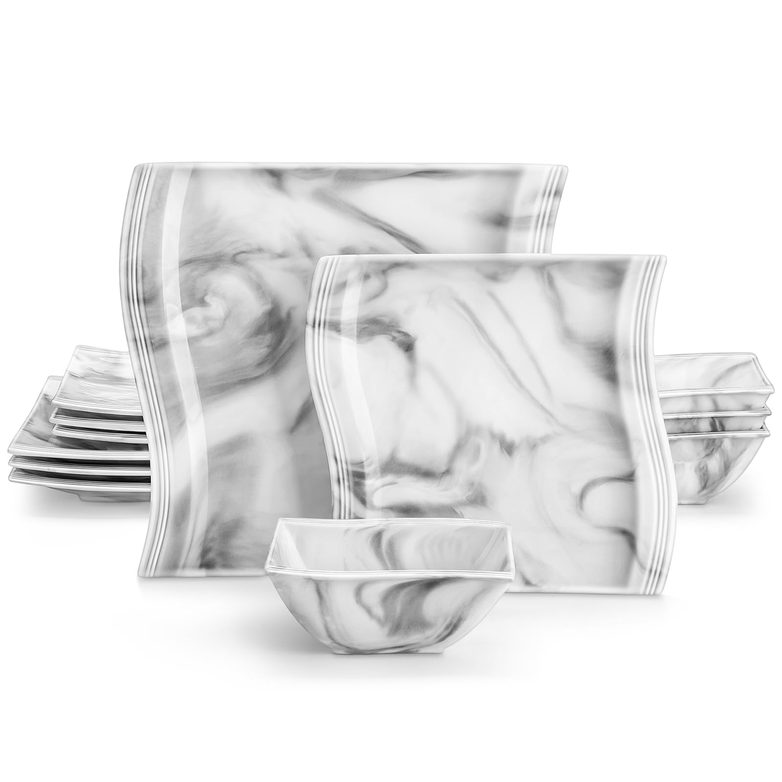 Photo 1 of MALACASA Plates and Bowls Set, 12-Piece Modern Porcelain Dinnerware for 4, Marble Square Ceramic Dish Set, Microwave and Dishwasher Safe, Flora Series