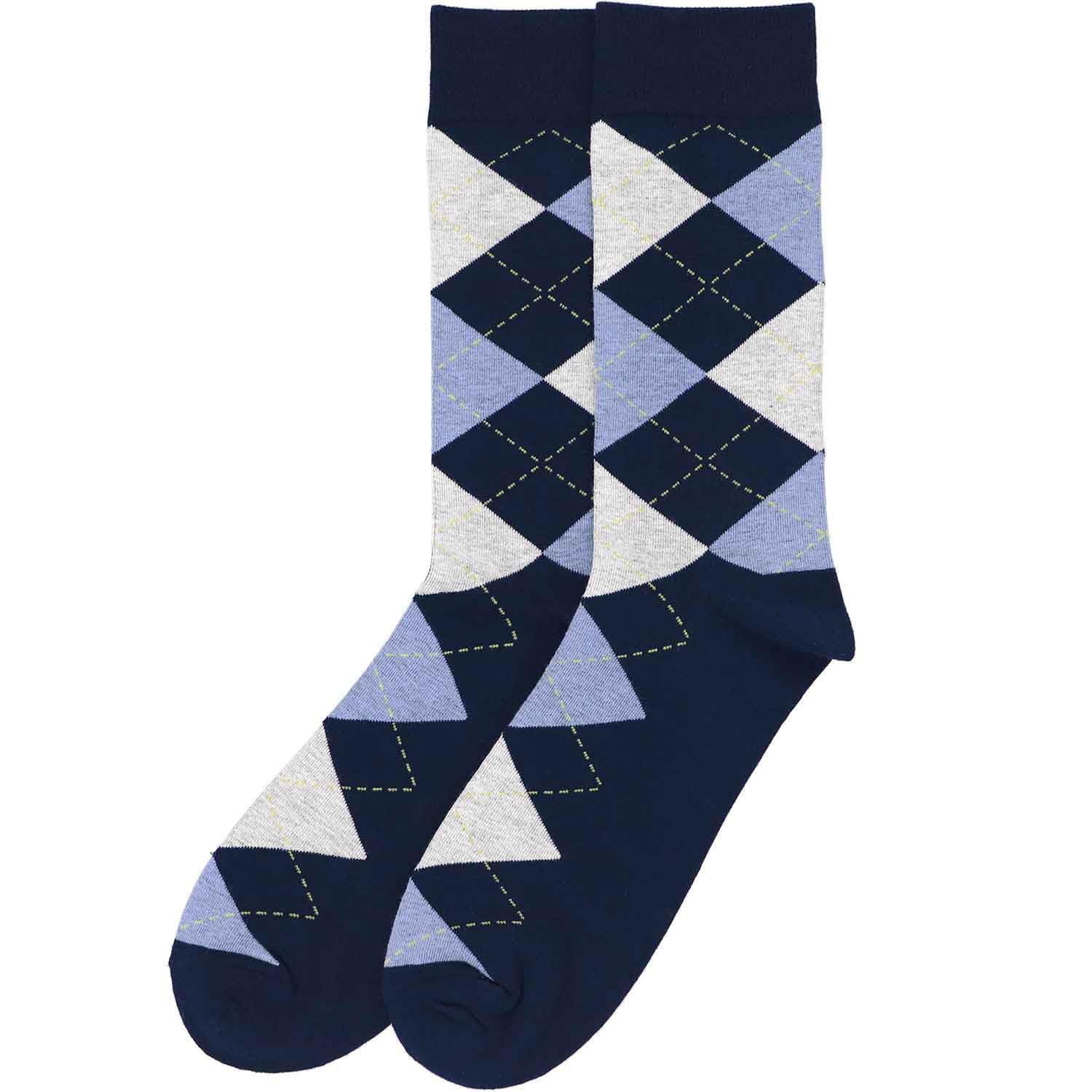 tiemart Men's Socks, Fits Men's Shoe Sizes 8-12: 8-12 Navy Blue and Periwinkle Argyle