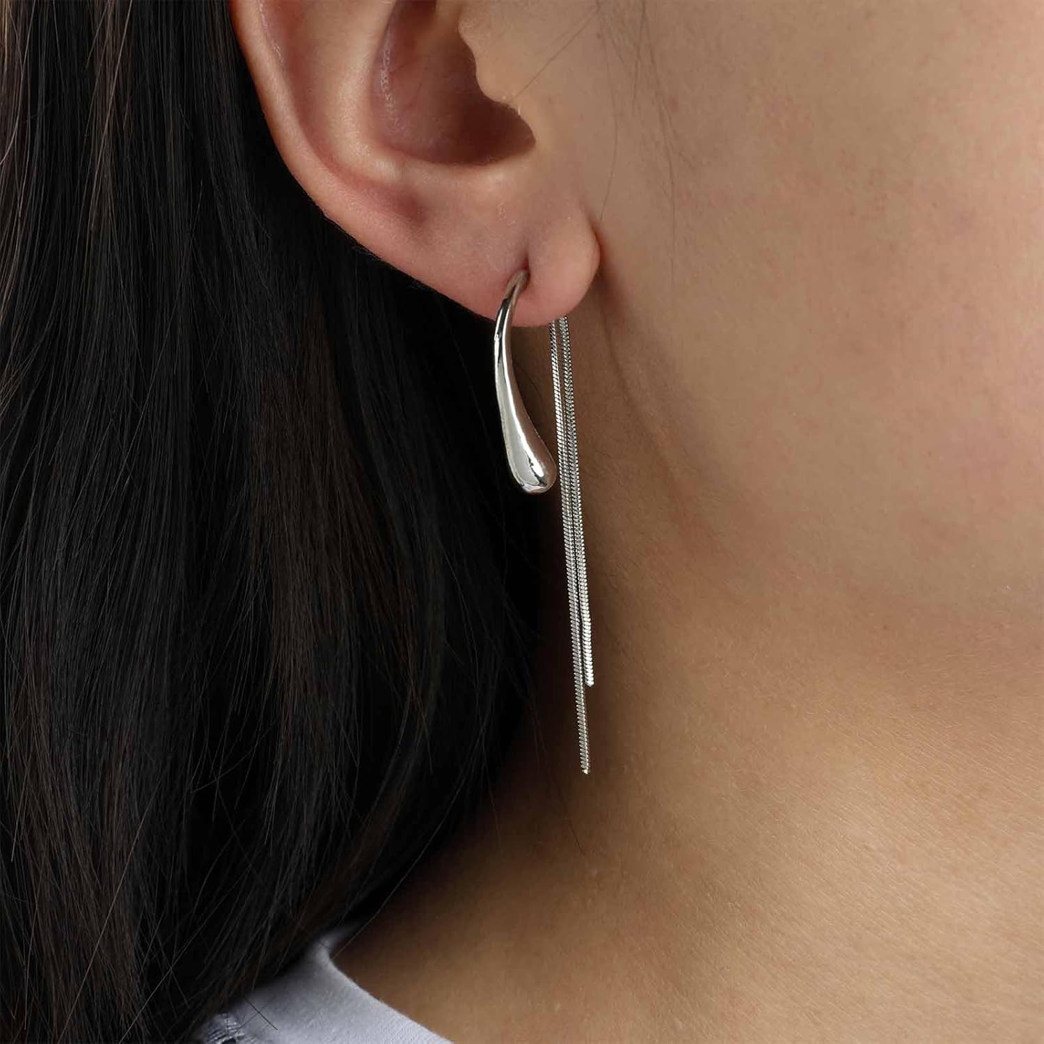 Vintage Silver Teardrop Earrings Waterdrop Stud Earring Snake Chain Tassel Earrings Long Snake Chain Earring Minimal Raindrop Jewelry for Women - Image 2