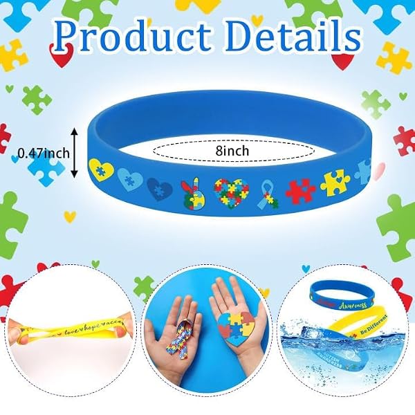 JUNEBRUSHS 120pcs Autism Awareness Silicone Bracelets Puzzle Pieces Ribbons Pattern Inspirational Motivational Rubber Wristbands for Autism Awareness Birthday Decoration Kids Party Favor Gift Supplies by JUNEBRUSHS - Image 2